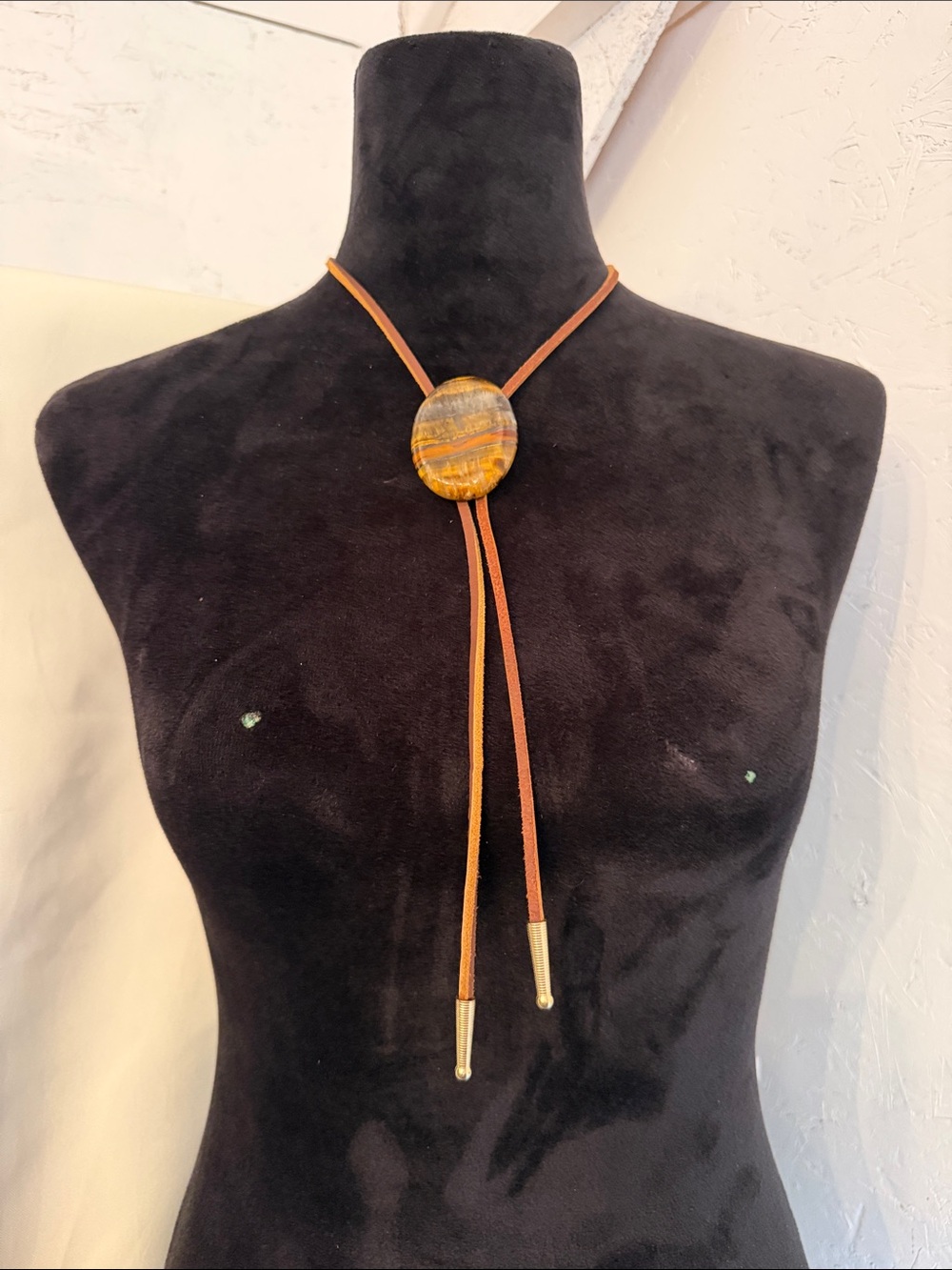 Brown Leather Bolo Necklace with Tiger-Eye Style Medallion